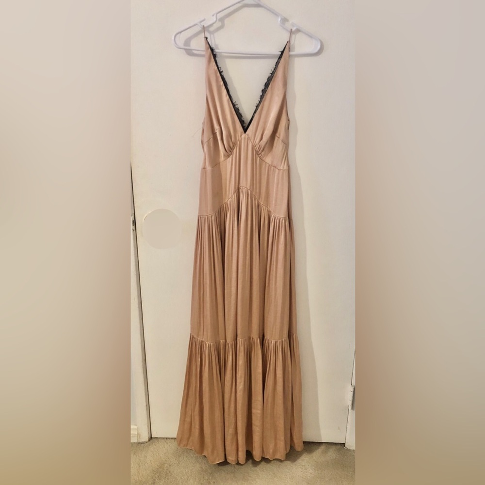 Free People Dusty Pink Flowy Maxi Dress with Black Lace Trim size XS V neck